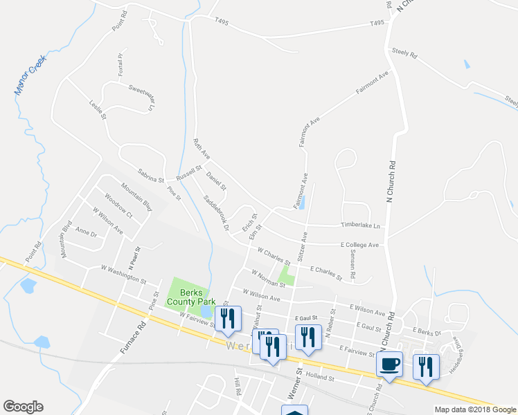 map of restaurants, bars, coffee shops, grocery stores, and more near 530 Erich Street in Wernersville