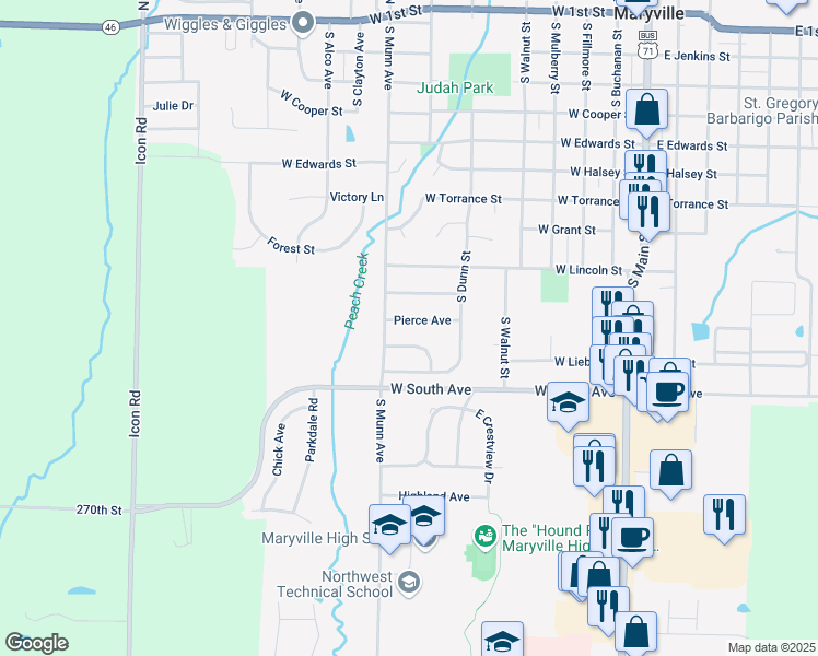 map of restaurants, bars, coffee shops, grocery stores, and more near 600-798 Pierce Avenue in Maryville