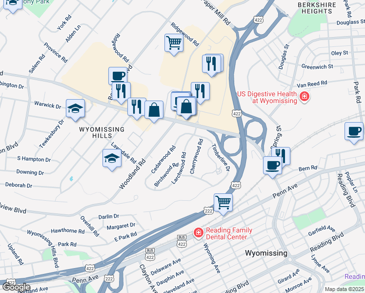map of restaurants, bars, coffee shops, grocery stores, and more near 7 Larchwood Road in Wyomissing
