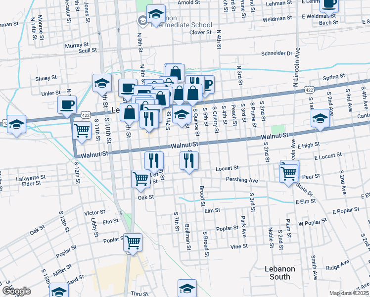 map of restaurants, bars, coffee shops, grocery stores, and more near 612 Walnut Street in Lebanon