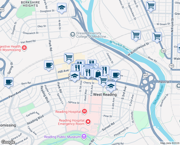 map of restaurants, bars, coffee shops, grocery stores, and more near 28 North 6th Avenue in West Reading