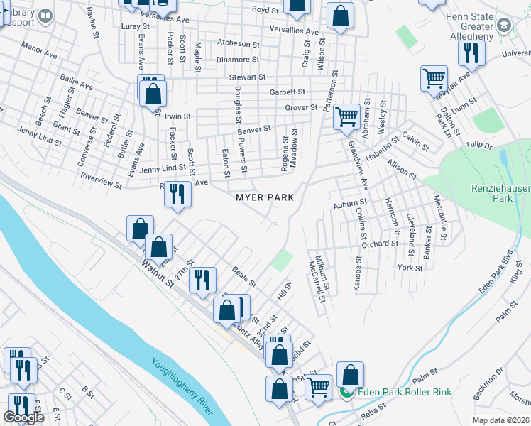 map of restaurants, bars, coffee shops, grocery stores, and more near 2133 Duquesne Avenue in McKeesport