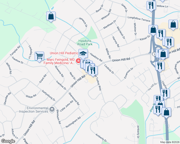 map of restaurants, bars, coffee shops, grocery stores, and more near 356 Union Hill Road in Manalapan Township