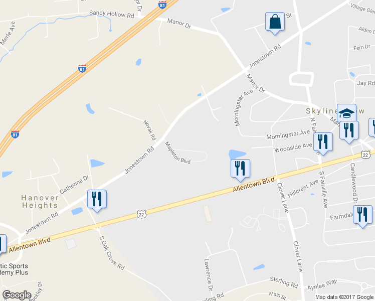 map of restaurants, bars, coffee shops, grocery stores, and more near 189 Mapleton Drive in Harrisburg