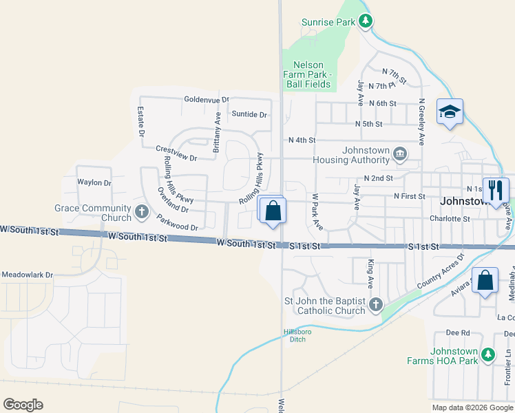 map of restaurants, bars, coffee shops, grocery stores, and more near 1781 Laurus Lane in Johnstown