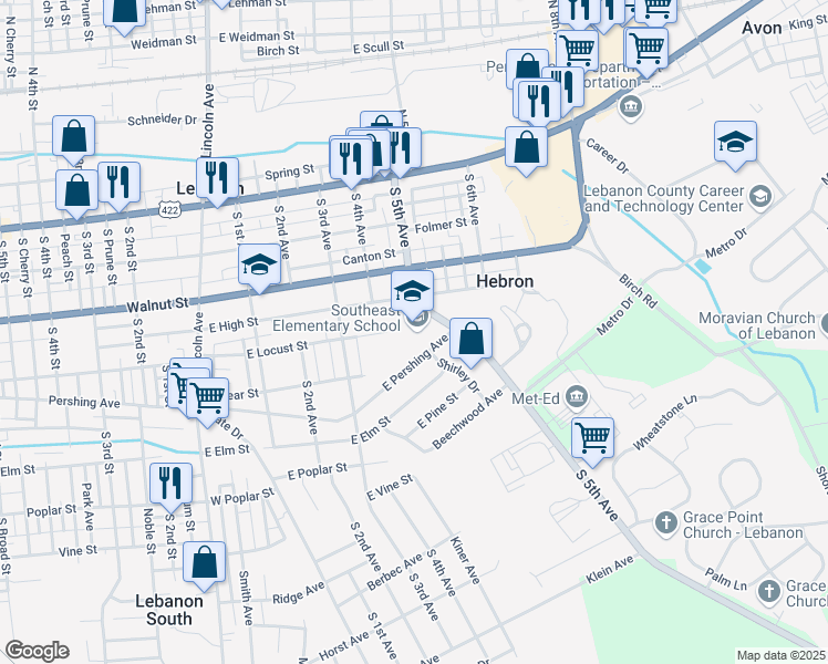 map of restaurants, bars, coffee shops, grocery stores, and more near 499 East Pershing Avenue in Lebanon