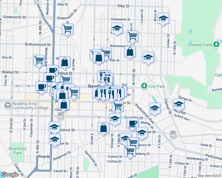 map of restaurants, bars, coffee shops, grocery stores, and more near 912 Washington Street in Reading