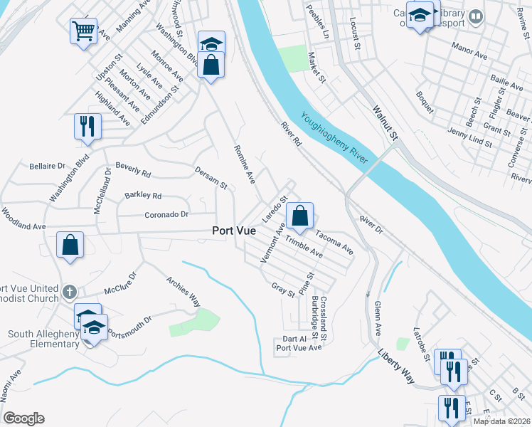 map of restaurants, bars, coffee shops, grocery stores, and more near 305 Laredo Street in McKeesport
