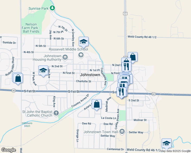map of restaurants, bars, coffee shops, grocery stores, and more near in Johnstown