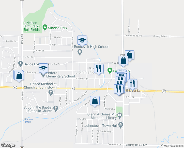 map of restaurants, bars, coffee shops, grocery stores, and more near in Johnstown