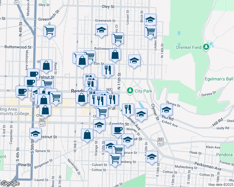 map of restaurants, bars, coffee shops, grocery stores, and more near 44 North 11th Street in Reading