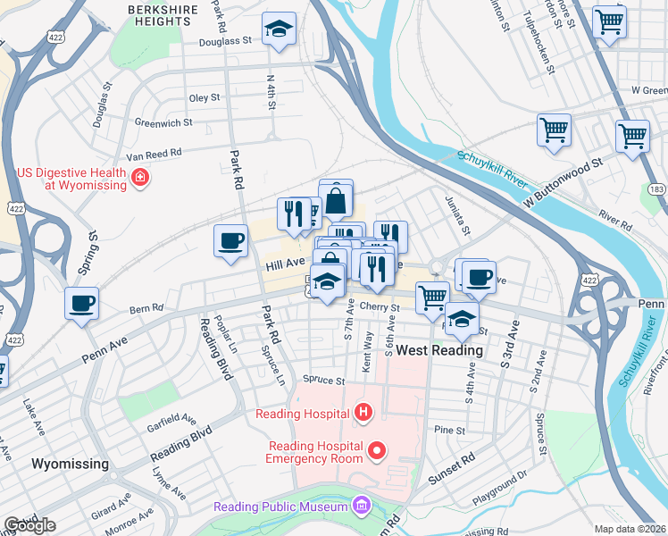 map of restaurants, bars, coffee shops, grocery stores, and more near 717 Court Street in West Reading