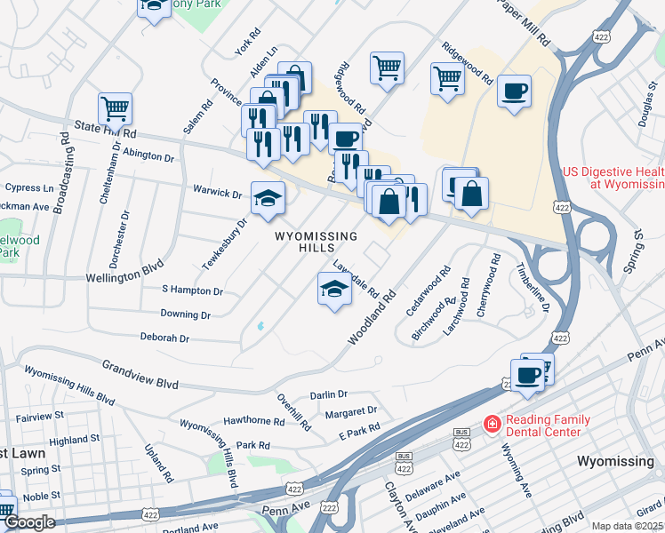 map of restaurants, bars, coffee shops, grocery stores, and more near 30 Valley Road in Reading