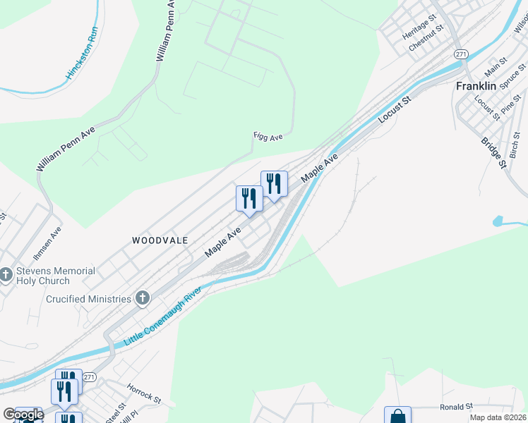 map of restaurants, bars, coffee shops, grocery stores, and more near 120 Graywood Street in Johnstown