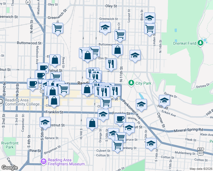 map of restaurants, bars, coffee shops, grocery stores, and more near 45 North 10th Street in Reading