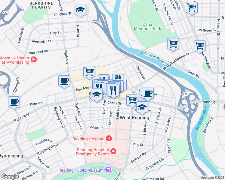 map of restaurants, bars, coffee shops, grocery stores, and more near 646 Reading Avenue in West Reading