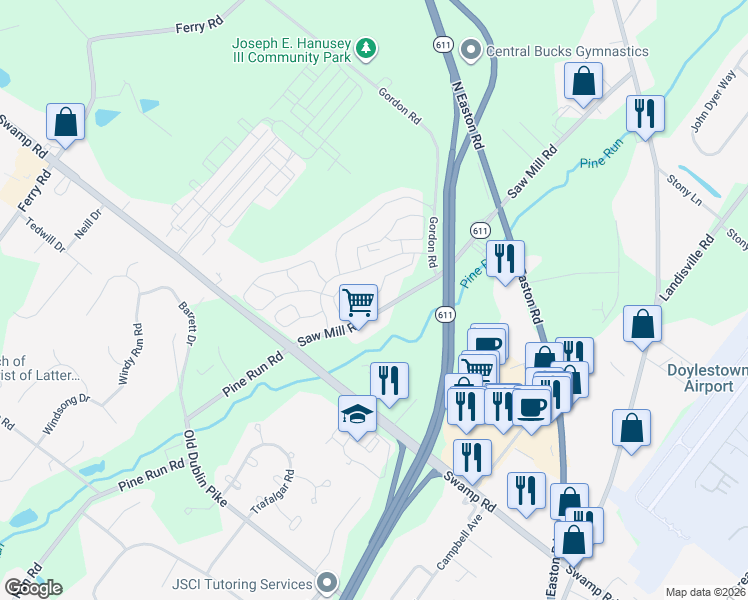 map of restaurants, bars, coffee shops, grocery stores, and more near 3963 Captain Molly Circle in Doylestown