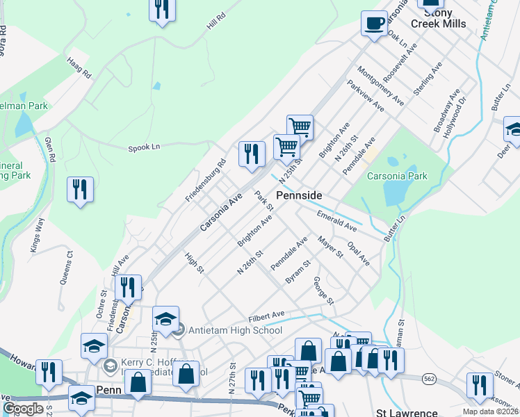 map of restaurants, bars, coffee shops, grocery stores, and more near 620 Brighton Avenue in Reading