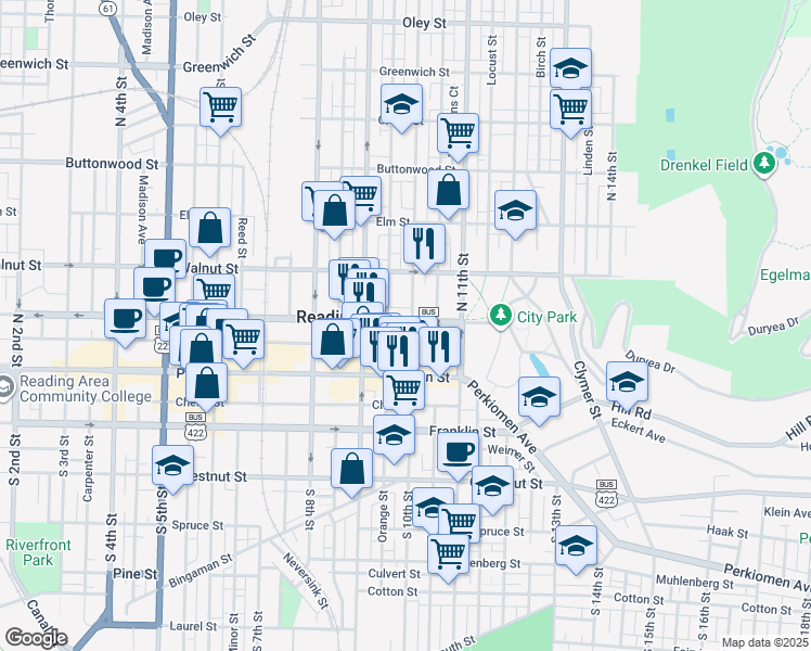map of restaurants, bars, coffee shops, grocery stores, and more near 45 North 10th Street in Reading