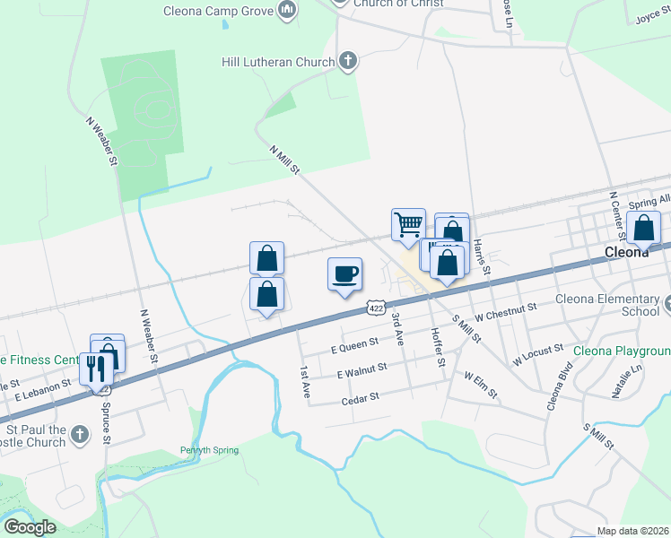 map of restaurants, bars, coffee shops, grocery stores, and more near 1455 East Main Street in Annville