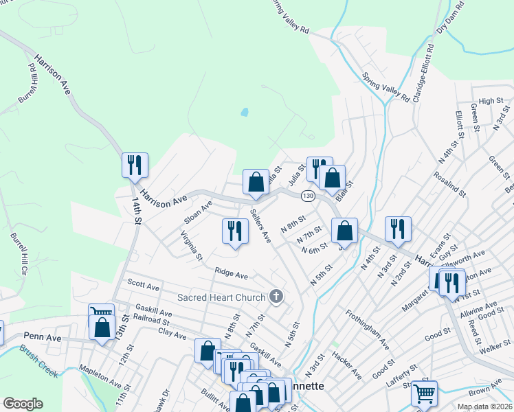 map of restaurants, bars, coffee shops, grocery stores, and more near 1700 Harrison Avenue in Jeannette