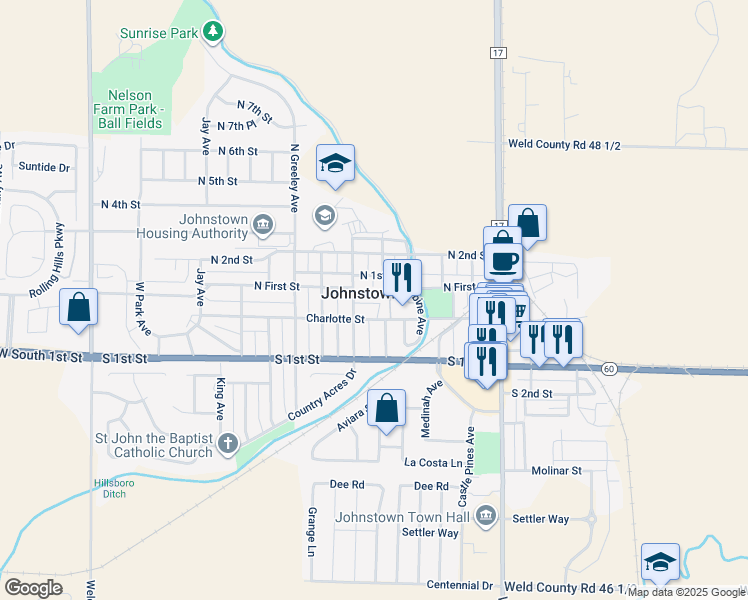 map of restaurants, bars, coffee shops, grocery stores, and more near 511 Peterson Drive in Johnstown