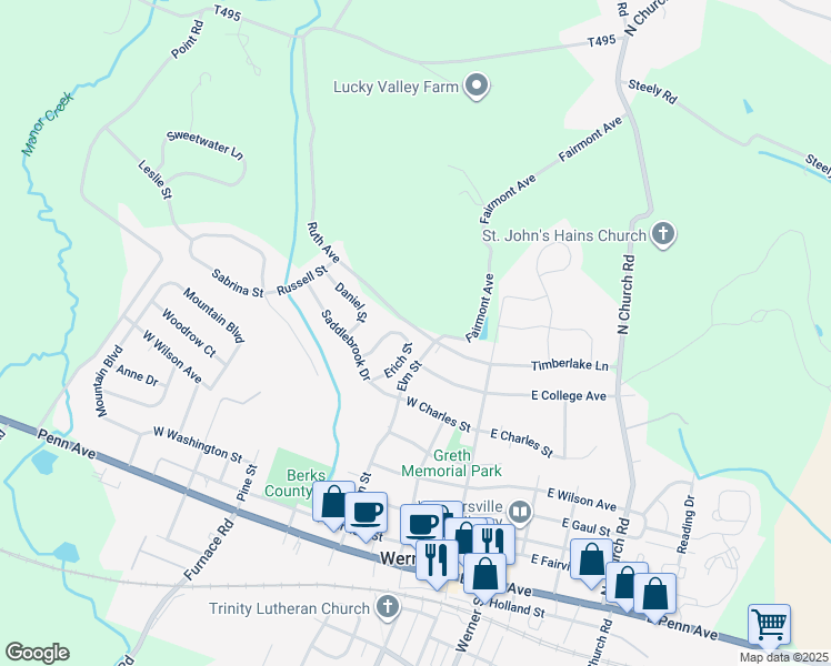map of restaurants, bars, coffee shops, grocery stores, and more near 530 Erich Street in Wernersville