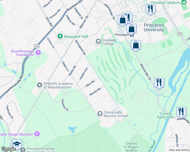 map of restaurants, bars, coffee shops, grocery stores, and more near 1 Ober Road in Princeton