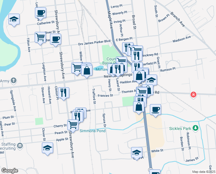 map of restaurants, bars, coffee shops, grocery stores, and more near 30 Henry Street in Shrewsbury