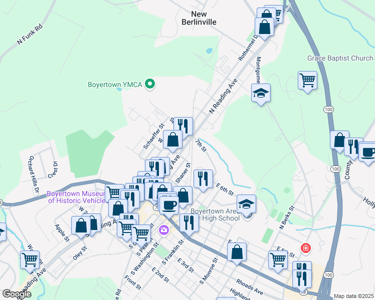 map of restaurants, bars, coffee shops, grocery stores, and more near 200 North Reading Avenue in Boyertown