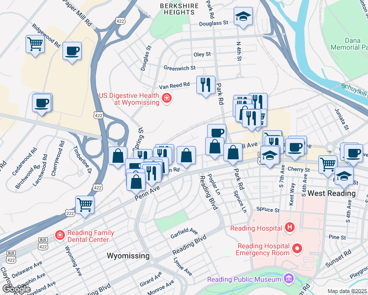 map of restaurants, bars, coffee shops, grocery stores, and more near 1037 Bern Road in Wyomissing