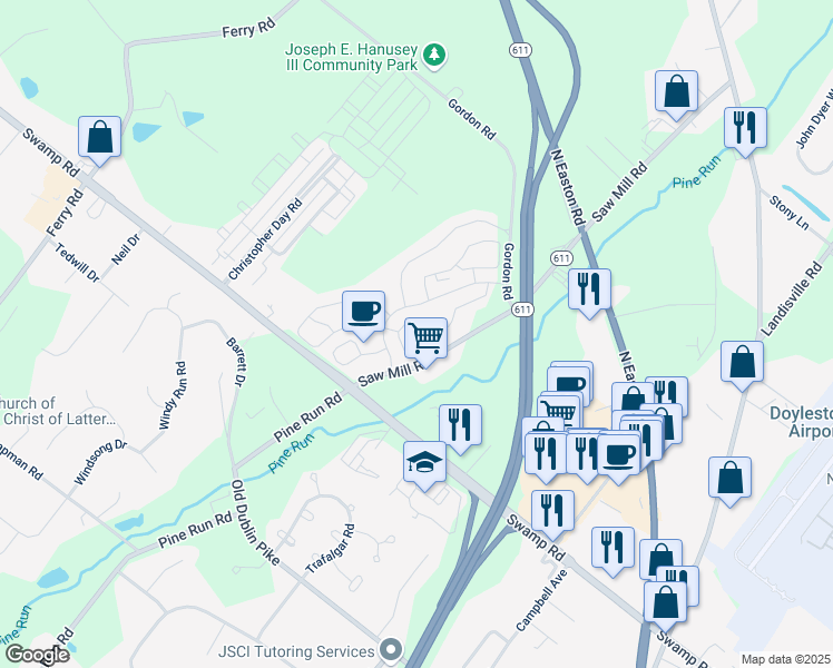 map of restaurants, bars, coffee shops, grocery stores, and more near 3947 Captain Molly Circle in Doylestown
