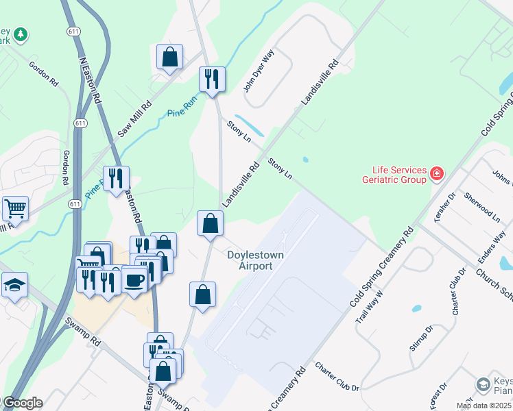 map of restaurants, bars, coffee shops, grocery stores, and more near 3901 Old Easton Road in Doylestown