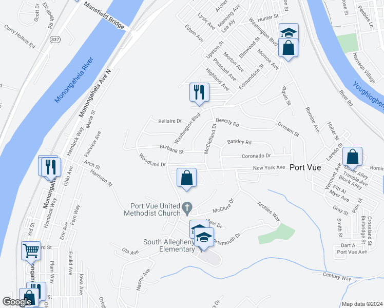 map of restaurants, bars, coffee shops, grocery stores, and more near 1116 Burbank Street in McKeesport