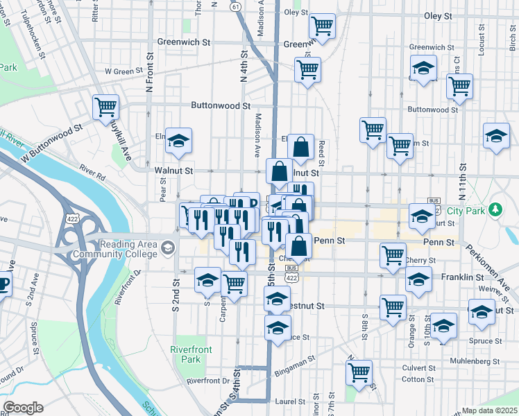 map of restaurants, bars, coffee shops, grocery stores, and more near 412 Washington Street in Reading