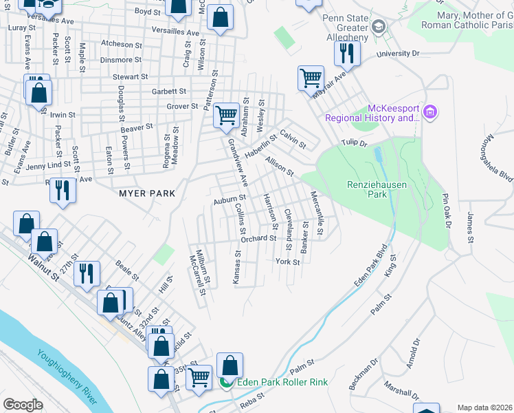 map of restaurants, bars, coffee shops, grocery stores, and more near 3510 McKinley Street in McKeesport