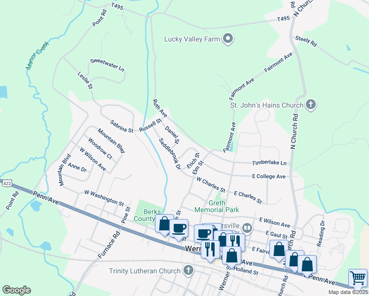 map of restaurants, bars, coffee shops, grocery stores, and more near 550 Erich Street in Wernersville