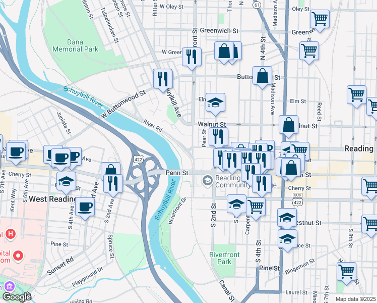 map of restaurants, bars, coffee shops, grocery stores, and more near 51 South Front Street in Reading