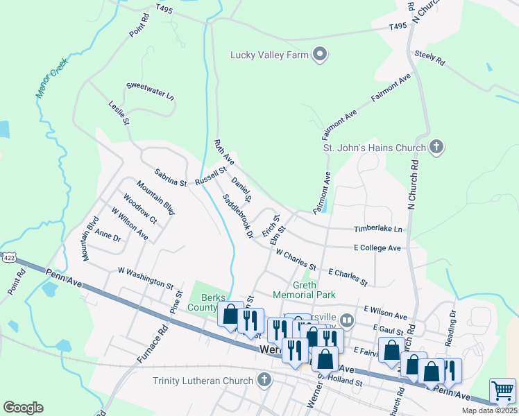 map of restaurants, bars, coffee shops, grocery stores, and more near 550 Erich Street in Wernersville