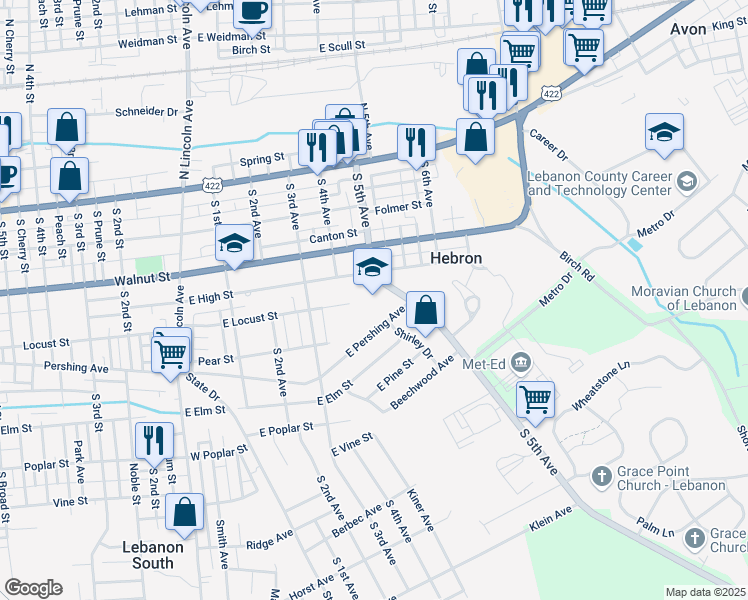 map of restaurants, bars, coffee shops, grocery stores, and more near 499 East Pershing Avenue in Lebanon