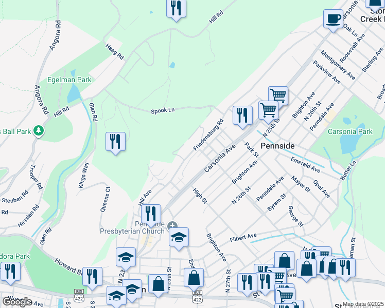 map of restaurants, bars, coffee shops, grocery stores, and more near 555 Friedensburg Road in Reading