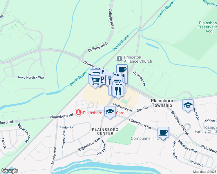 map of restaurants, bars, coffee shops, grocery stores, and more near 10 Schalks Crossing Road in Plainsboro Center