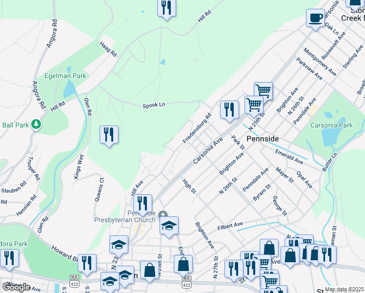 map of restaurants, bars, coffee shops, grocery stores, and more near 555 Friedensburg Road in Reading