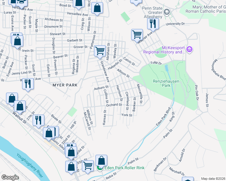 map of restaurants, bars, coffee shops, grocery stores, and more near 3510 McKinley Street in McKeesport