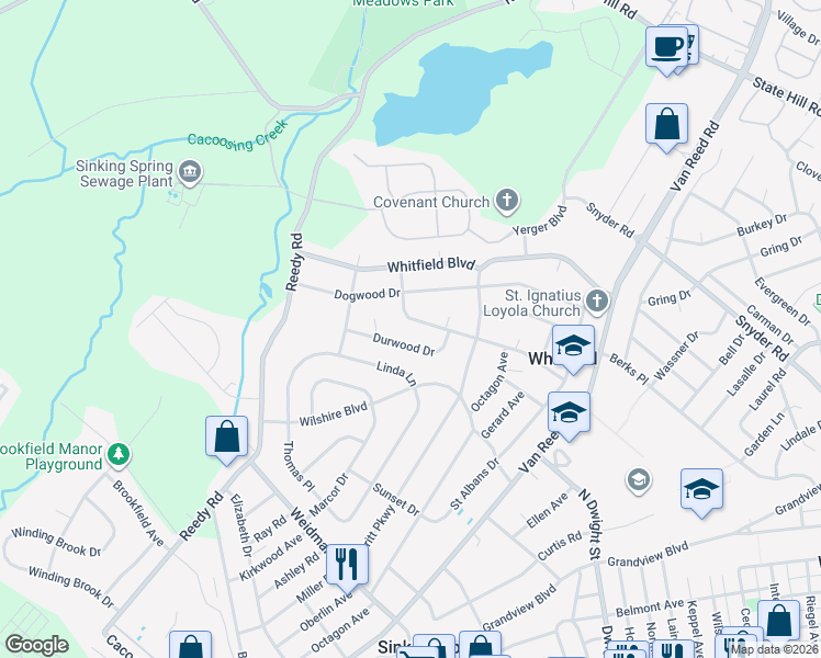 map of restaurants, bars, coffee shops, grocery stores, and more near 1501 Durwood Drive in West Lawn