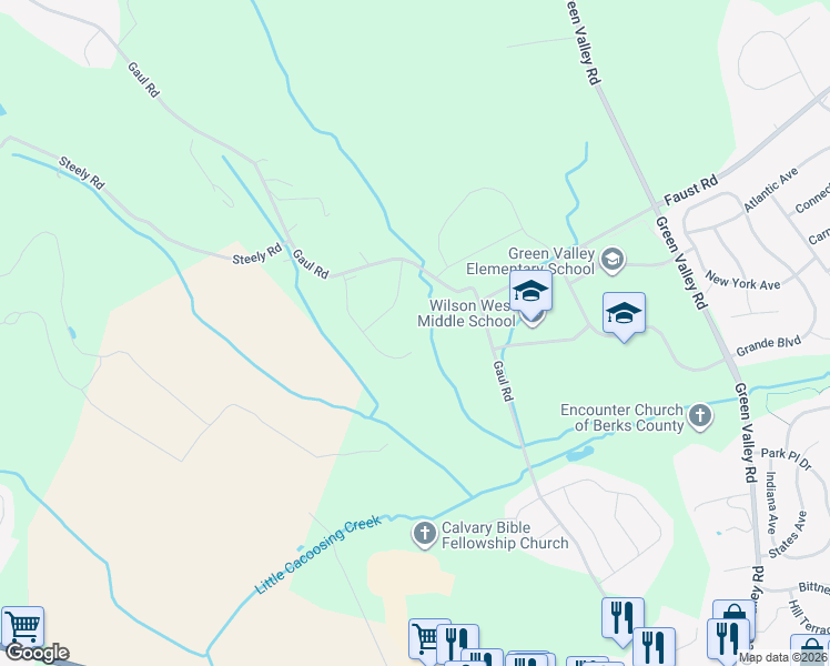 map of restaurants, bars, coffee shops, grocery stores, and more near 51 Chasen Court in Sinking Spring