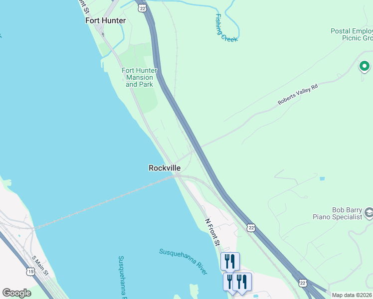 map of restaurants, bars, coffee shops, grocery stores, and more near 130 Roberts Valley Road in Harrisburg