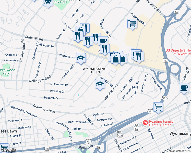 map of restaurants, bars, coffee shops, grocery stores, and more near 30 Valley Road in Reading