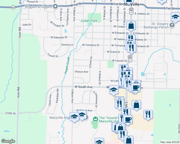 map of restaurants, bars, coffee shops, grocery stores, and more near 959 South Dunn Street in Maryville
