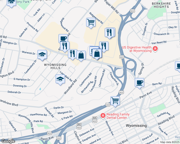 map of restaurants, bars, coffee shops, grocery stores, and more near 15 Cedarwood Road in Wyomissing